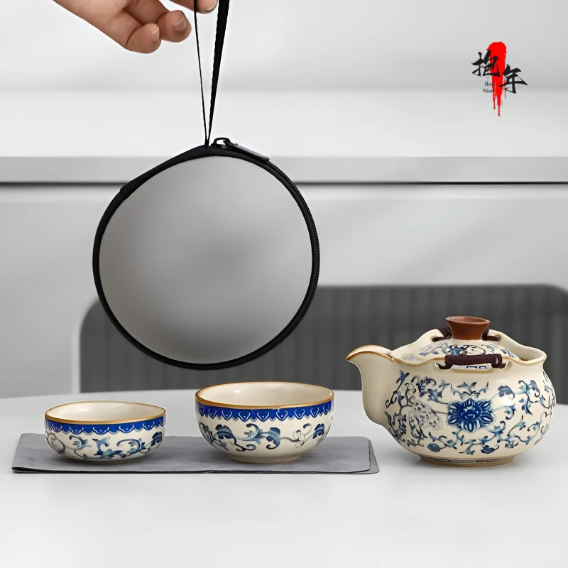 抱年青花汝窑便携式旅行茶具个人专用快客杯一人饮户外露营包喝茶
