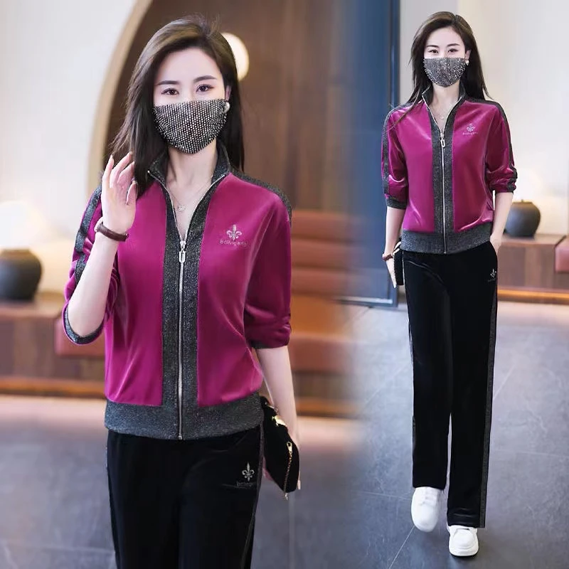 秋季新款洋气金丝绒两件套运动休闲气质立领开衫外套直筒裤套装女