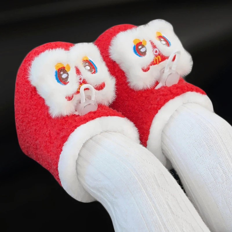 冬季婴儿虎头鞋保暖步前棉鞋加绒加厚宝宝学步鞋大红色中国风软底