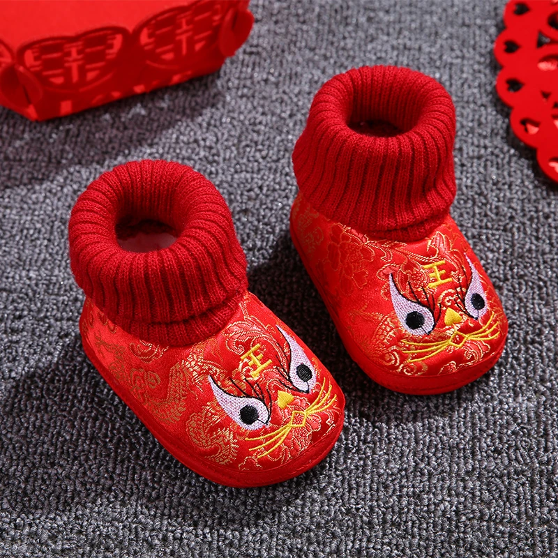 虎头婴儿鞋子秋冬季软底加绒0-3-9个月红色周岁6幼儿宝宝棉鞋保暖
