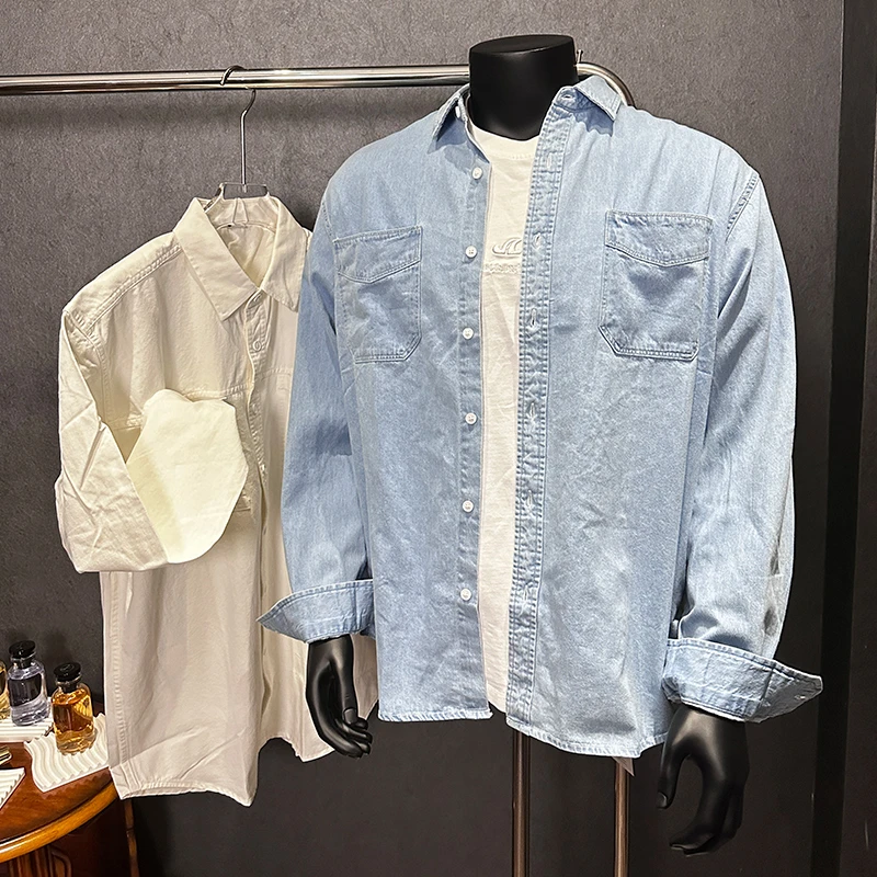 朦选出品纯色简约带兜男士牛仔长袖衬衫