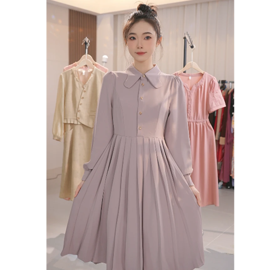 Y1353秋季新品连衣裙女气质不规则翻领高腰中长款A字裙