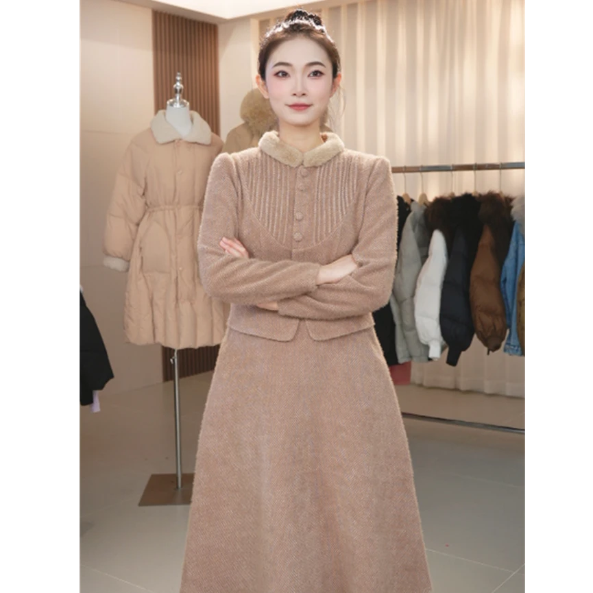 Y126高端假两件连衣裙女长袖娃娃领秋冬新款加厚显瘦气质裙子