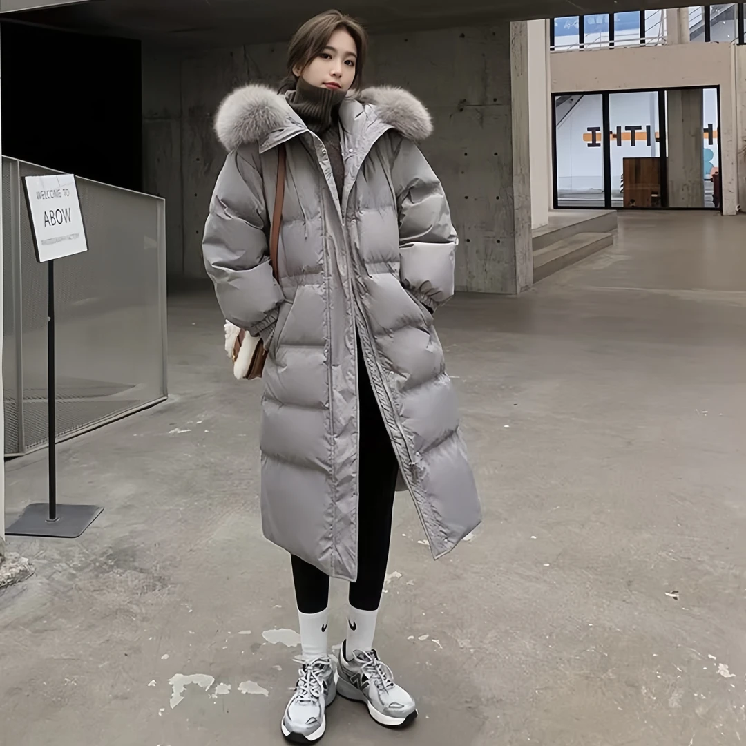 Y6615 针织袖口长款羽绒服连帽韩版收腰显瘦保暖大毛领羽绒服