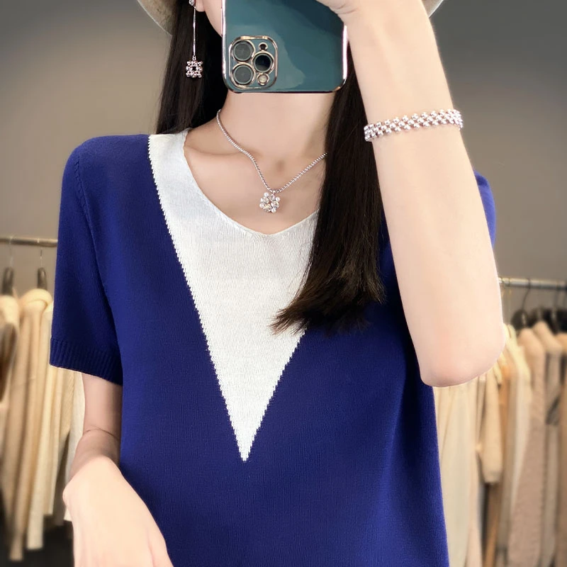 法式拼色v领百搭时尚t恤上衣女装新款夏季薄款撞色短袖针织衫X-18