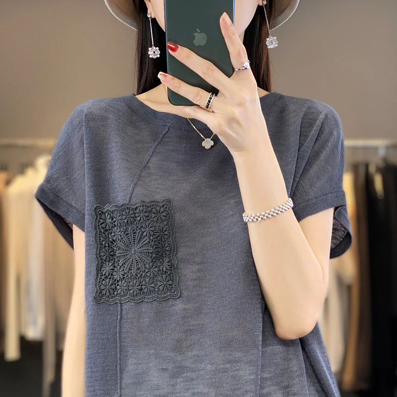 莱赛尔天丝棉麻衫~圆领百搭宽松设计感雕花夏季洋气上衣女