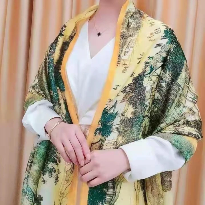 35 丽景缎90x180左右清明上河图丝巾长巾
