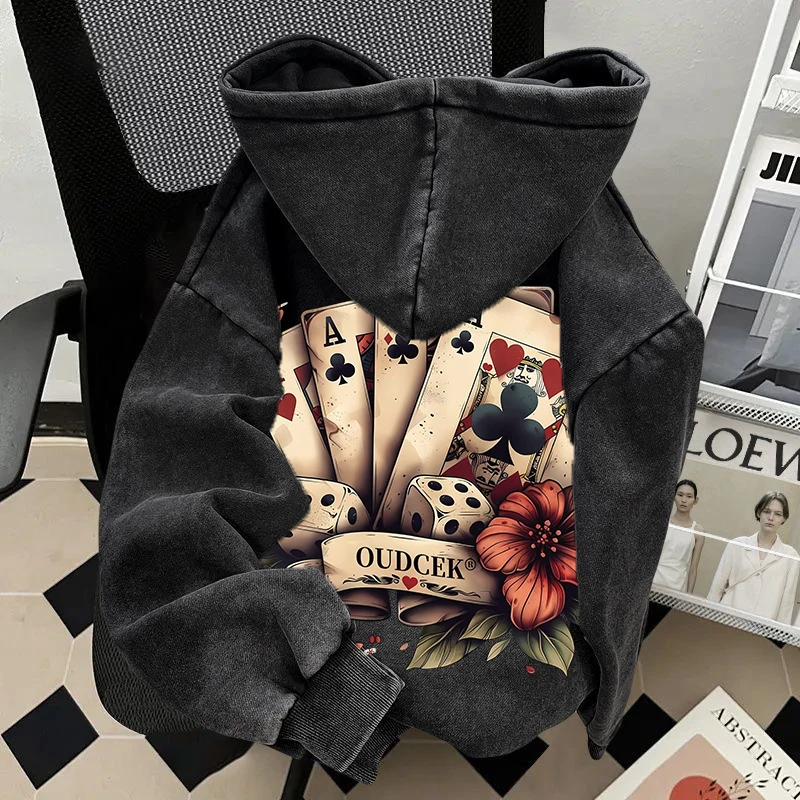 重磅水洗做旧连帽卫衣加绒加厚vintage国潮潮流高级感痞帅美式