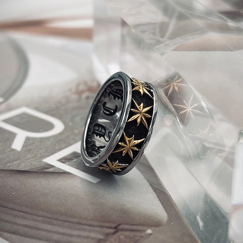 徐清然 钛钢戒指 潮流复古八角星镀金戒指潮男时尚指环个性单身戒