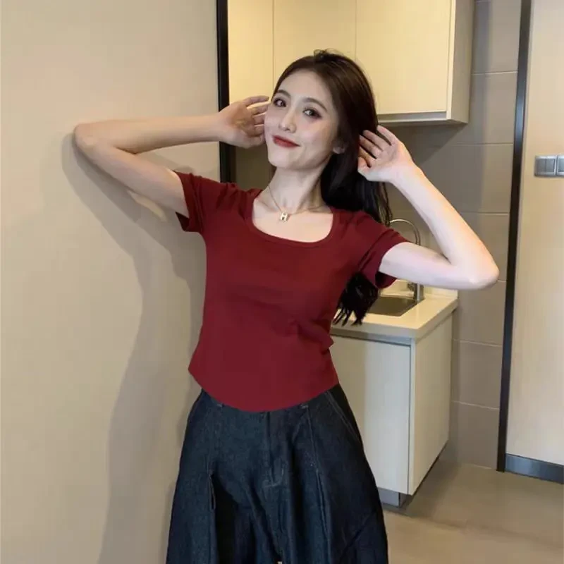 2024夏季新款方领正肩黑色短袖t恤微胖MM纯欲显瘦百搭上衣女8106