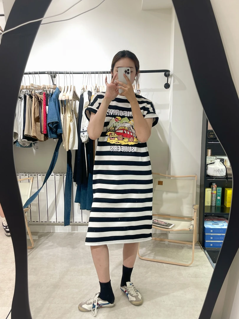 韩系条纹连衣裙女显瘦遮肚卡通汽车字母印花短袖T恤裙侧开叉长裙