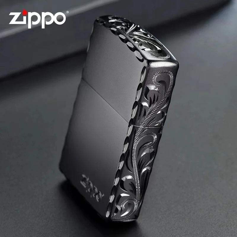 ZIPPO正版送人实用火机黑耀黑冰侧边繁花原装火机送男士DY9802ZB