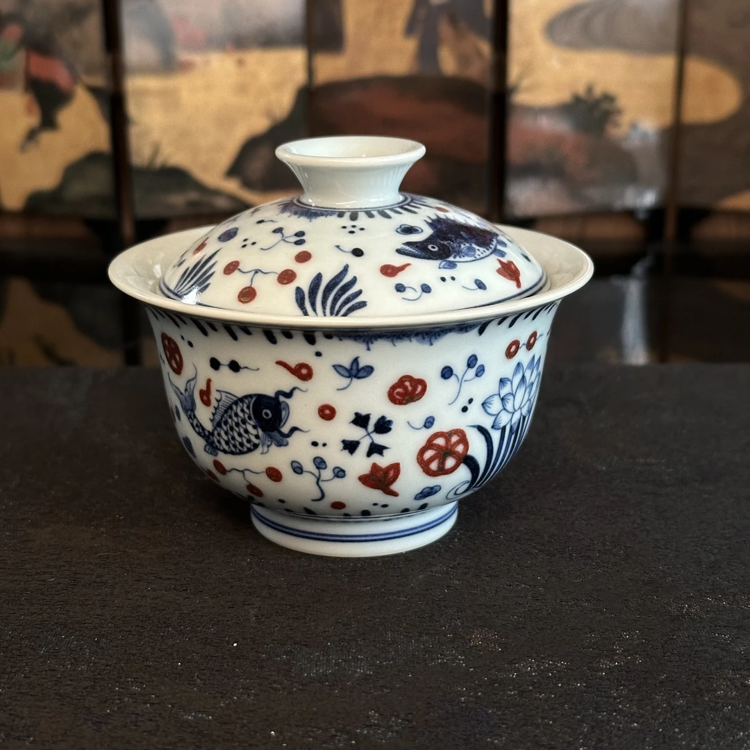 景德镇雅玩仿明纯手工手绘青花釉里红鱼藻纹两才盖碗茶具110ml