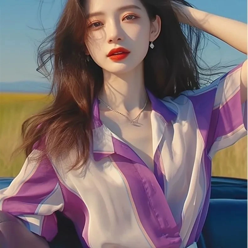 法式独特小上衣高级撞色印花衬衣女夏装2024时尚绝美超仙短袖衬衫