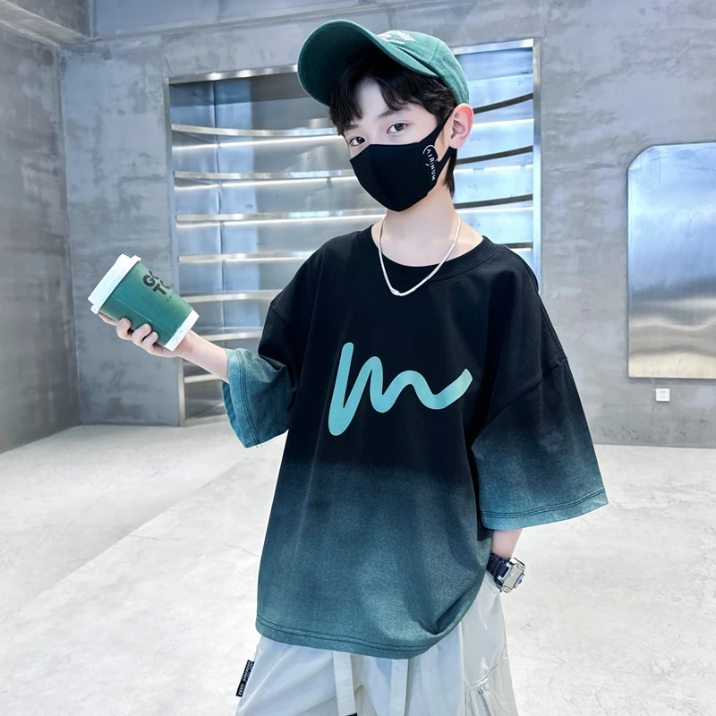 男童夏装短袖t恤纯棉2024新款大儿童夏季半袖帅气夏款渐变上衣T潮