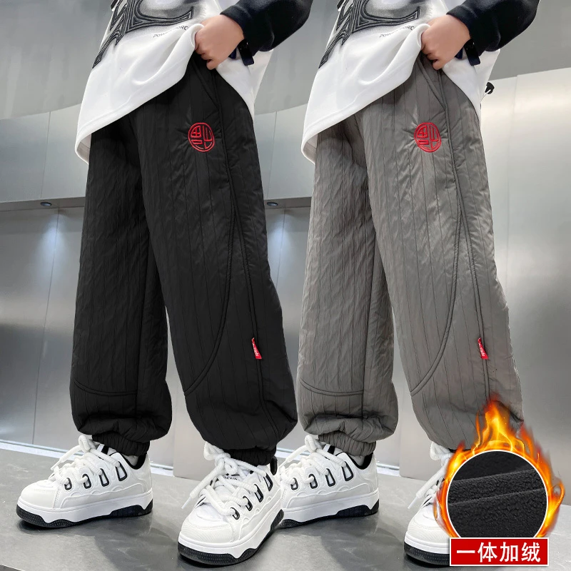 儿童装男童冬季加绒裤子2024新款中大童秋冬款加厚奥利绒卫裤棉裤