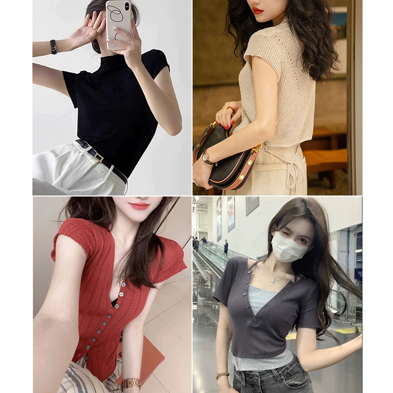 【1号链接】高腰修身露脐辣妹短款小个子显瘦短袖针织上衣百搭夏季