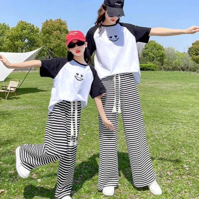 不一样的亲子装母女装短袖T恤长裤套装韩版休闲柔软条纹洋气女童