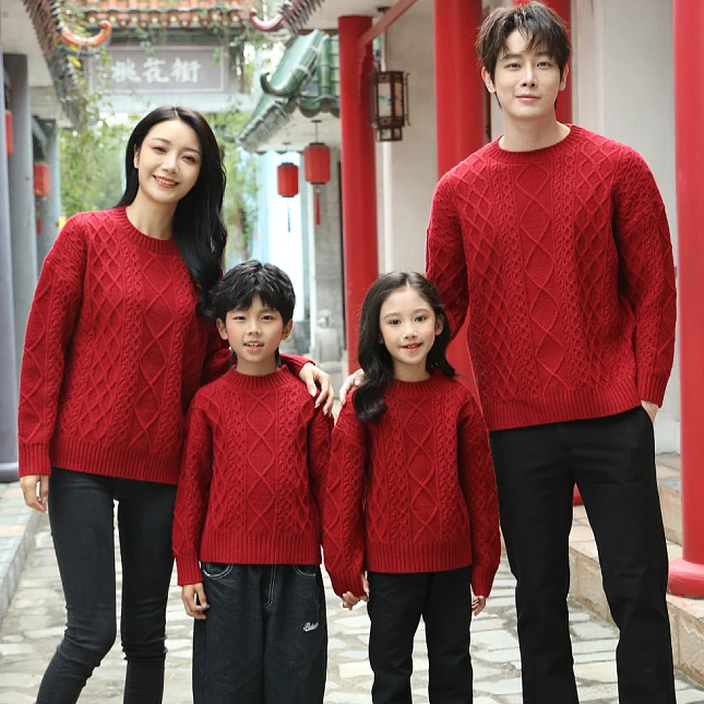 2025新款加厚亲子装母子母女装毛衣一家三口四口红色家庭装拜年服