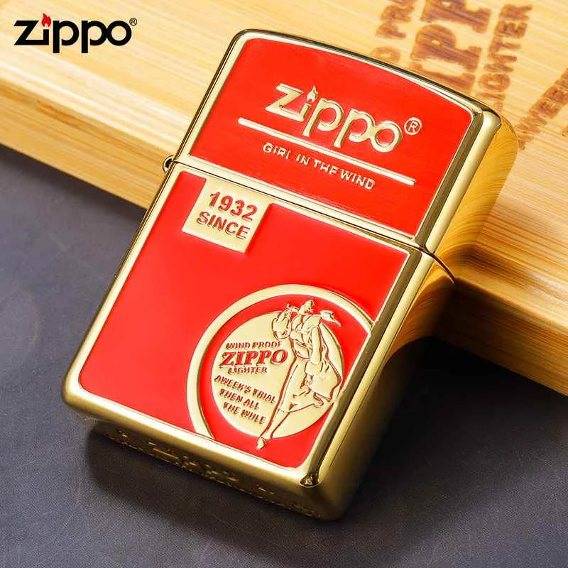 zippo打火机正品黄铜盔甲珐琅风中女郎之宝防风煤油男士收藏送礼