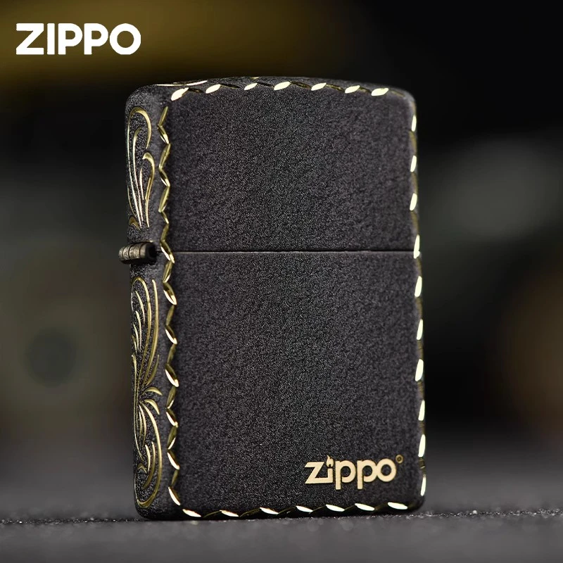 zippo打火机专卖店正品黑裂漆凿边精雕唐草刻字送男士高档礼物