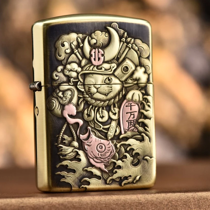 zippo打火机蝎子铜盔甲浮雕镶嵌紫铜招财猫62