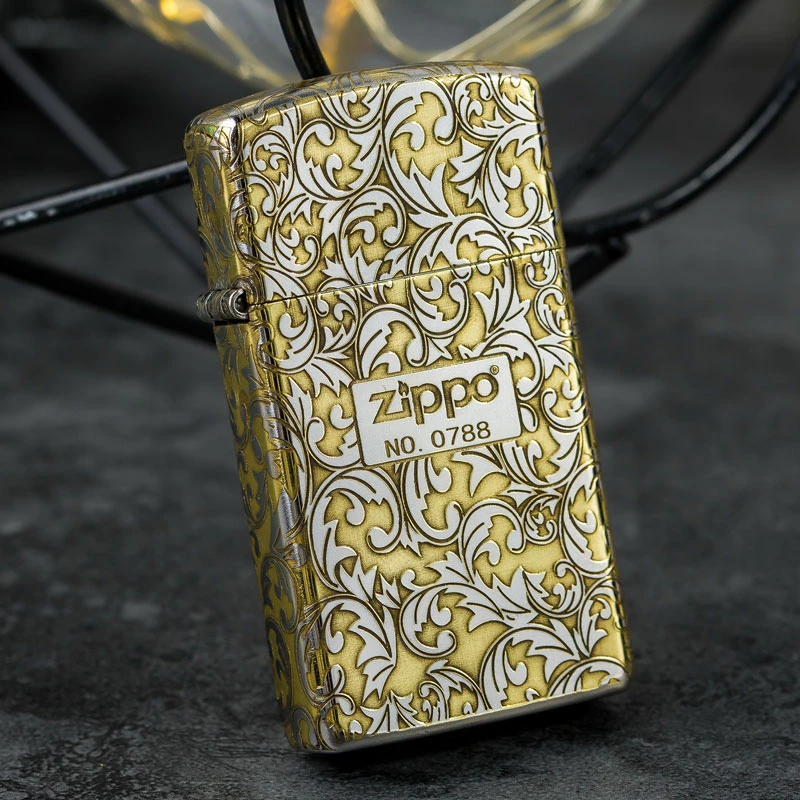 zippo打火机正品纤巧窄机镀铬唐草中标/右下防风火机DY9914DK