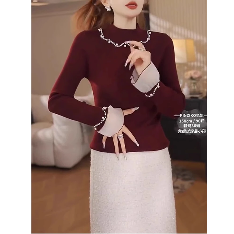 设计感重工钉珠爆款秋冬针织衫女装修身显瘦毛衣打底衫喇叭袖上衣