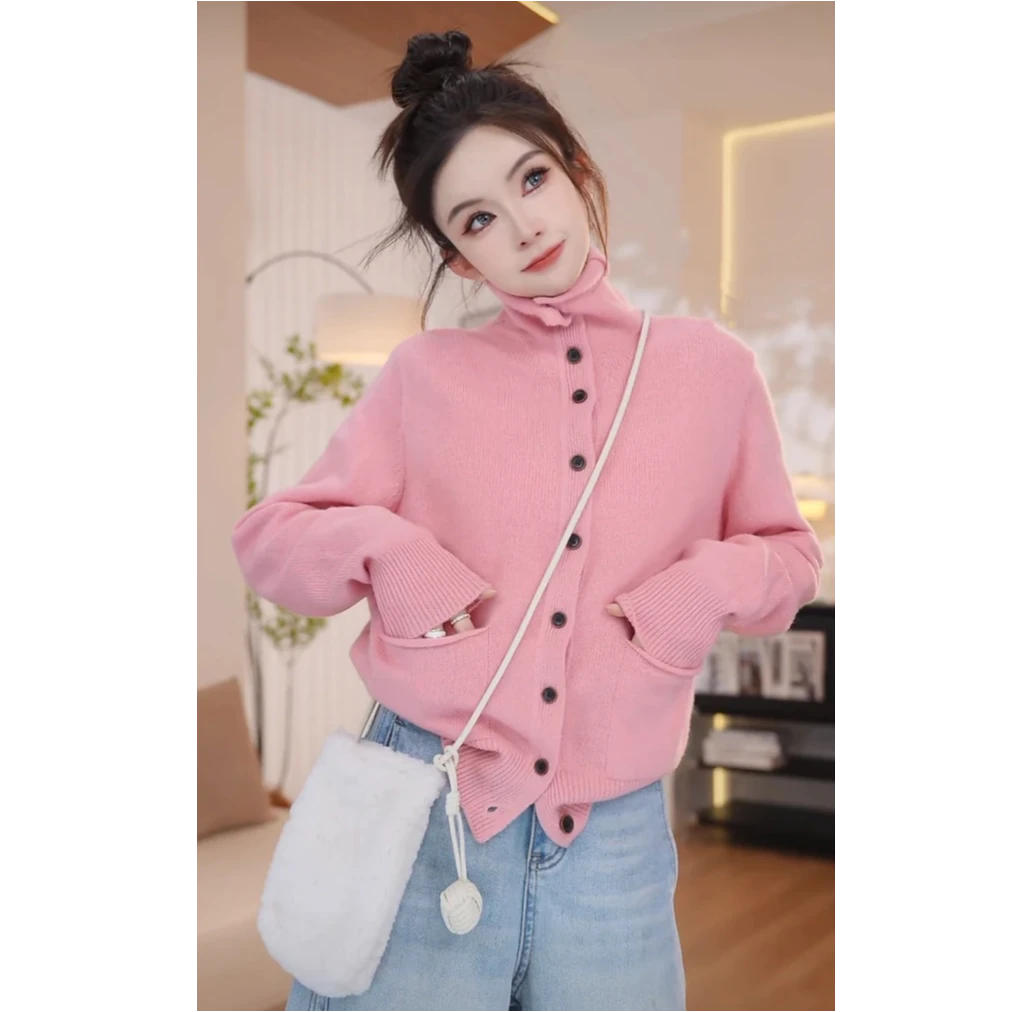 2025秋冬时尚针织百搭开衫毛衣休闲慵懒风粉色上衣外套粉色毛衣