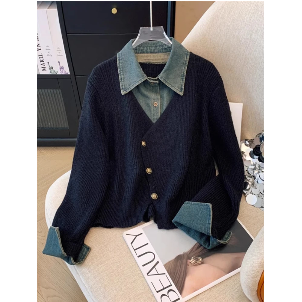 复古撞色上衣拼接假两件针织衫女长袖宽松毛衣女秋冬百搭设计感潮