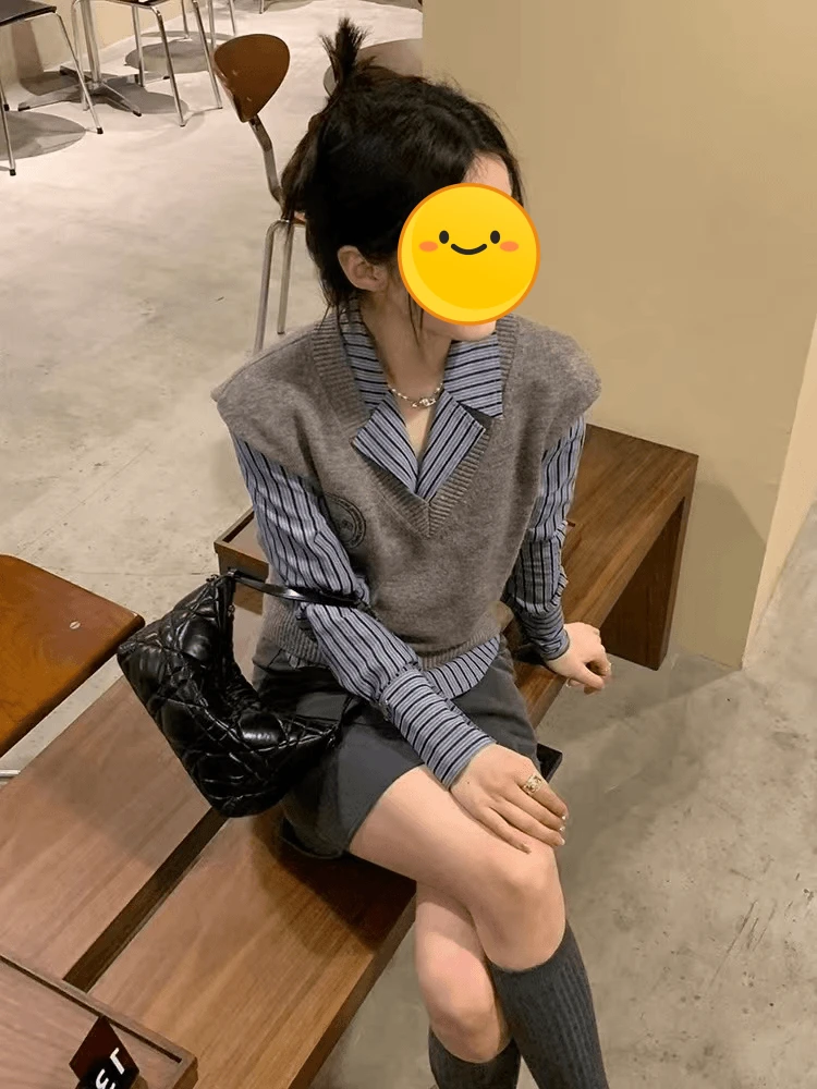 三件1187短款马甲背心衬衫上衣半身学院风套装秋冬穿搭一整套女装
