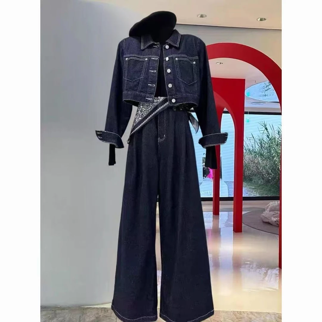 8061#2025春新款复古港风深蓝色飒爽工装牛仔外套+阔腿裤套装小众