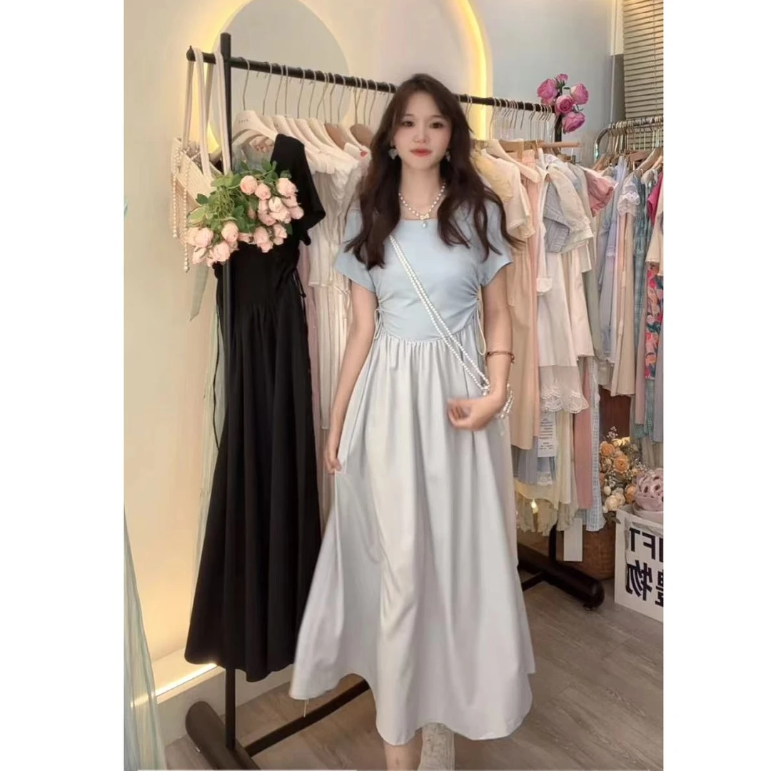 现货308#法式高级极简风连衣裙高腰显瘦抽绳裙子夏季爆款方领新款