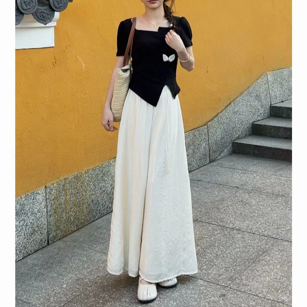 现276夏季套装女设计感不规则T恤上衣显瘦百搭高腰阔腿裤裙两件套