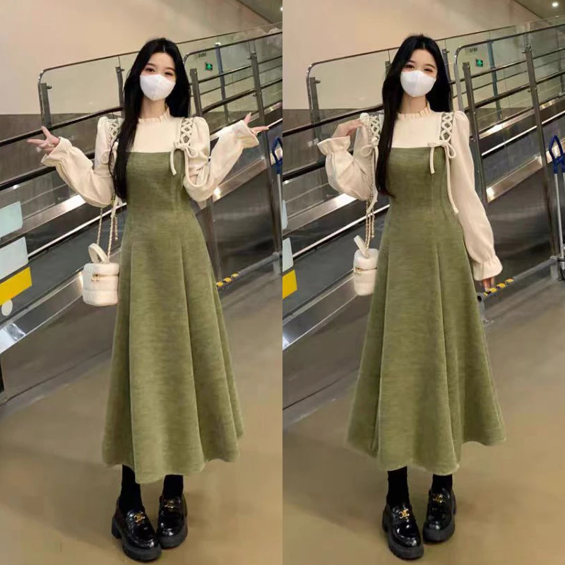 390-2#韩系绿色假两件木耳边连衣裙女秋冬新款气质显瘦系带长裙