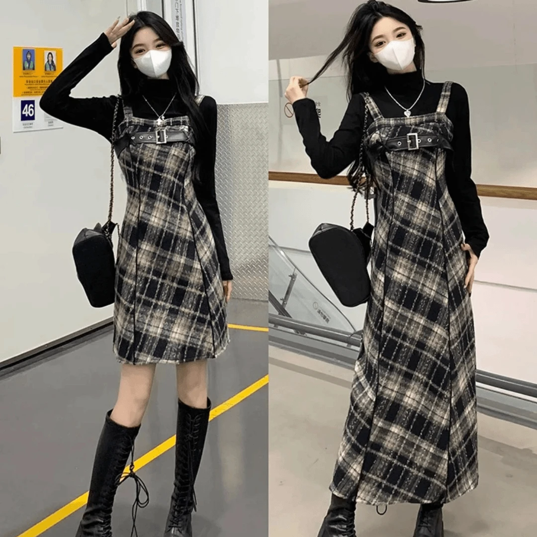 现1242法式复古格纹长款吊带连衣裙设计感黑色打底长袖上衣两件套