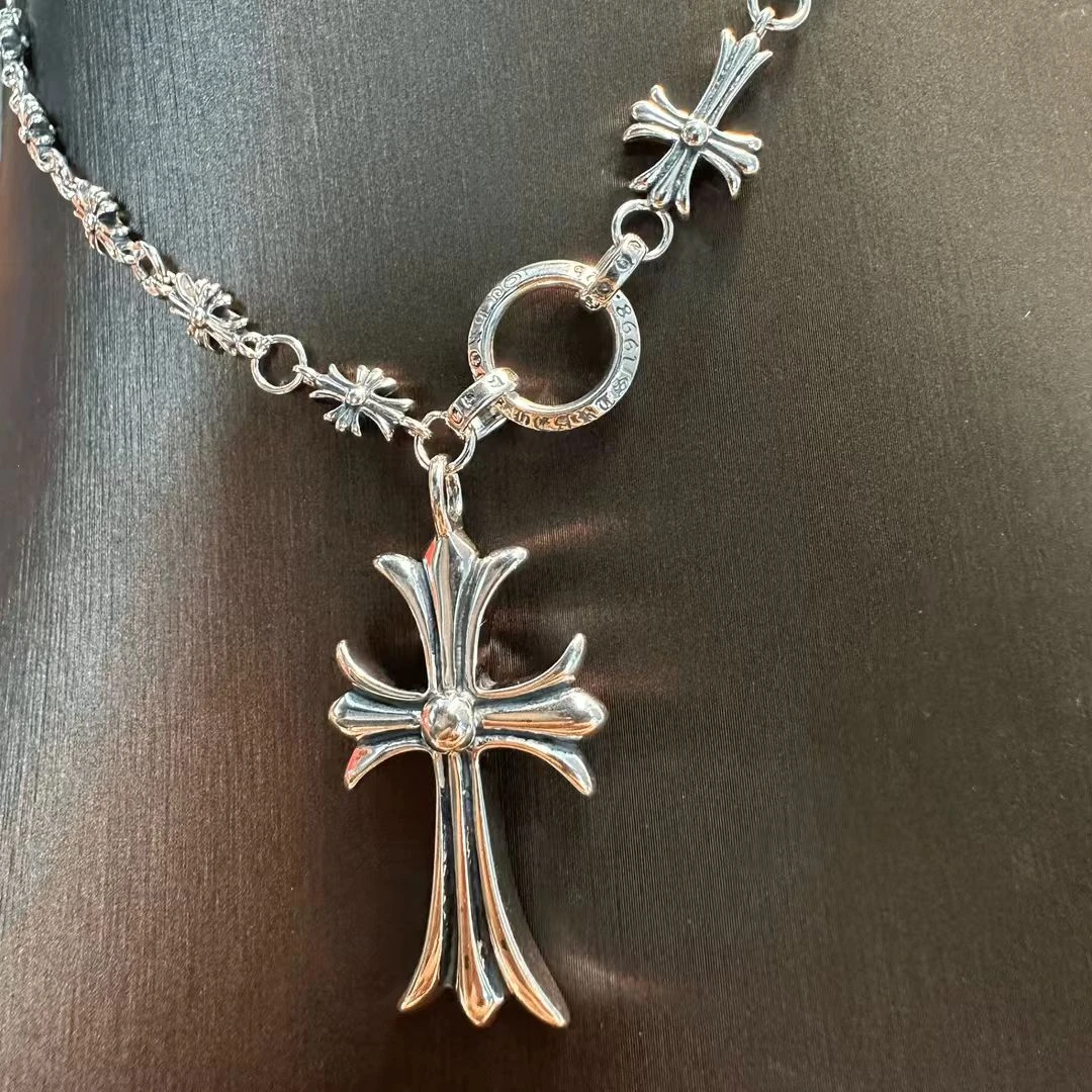 坠链均925银 欧美银色时尚复古做旧客家银链银吊坠十字架