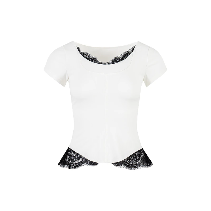 LUHE【捕梦网】hehe私服-睫毛蕾丝花边撞色灰/白圆领针织短袖