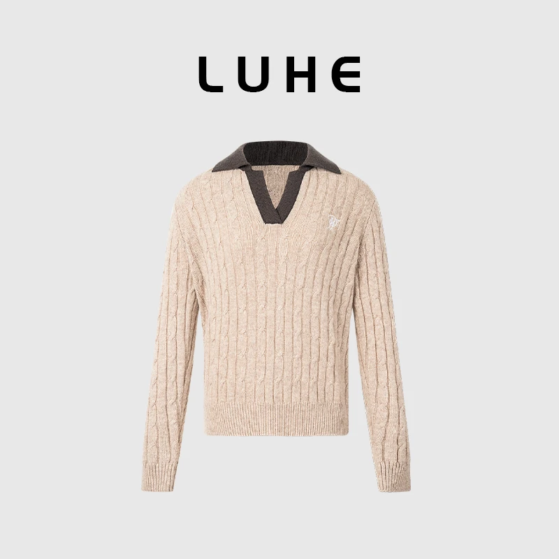 LUHE【芮贝卡】luxy系列 经典老钱风100%美丽诺超细羊毛撞色针织衫