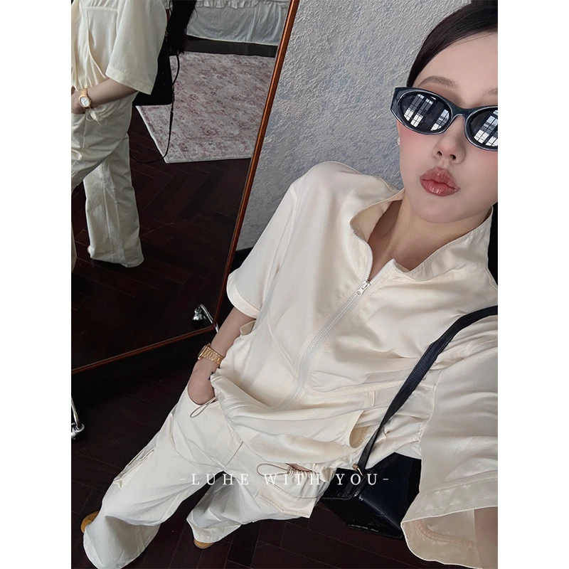 LUHE【巴黎画报】hehe-私服分割落肩上衣+100棉工装裤