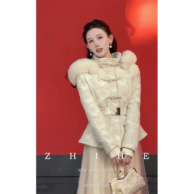 无艳一禾【白鸢凝雪】新中式国风提花收腰羽绒服女款短款羽绒服
