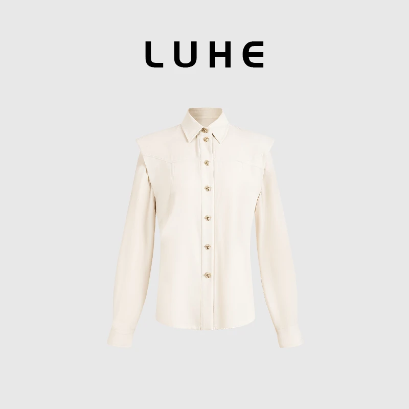 LUHE【剑桥记事本】hehe私服 学院千金风灰杏色设计感垫肩金扣衬衫