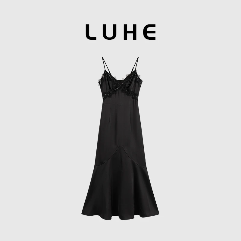 LUHE【赴宴】bi入款黑色缎面吊带裙礼服裙百搭内搭裙YH023739