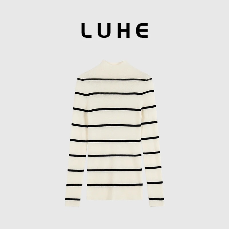 LUHE【裸肤挚爱系列】100%羊毛软软糯糯黑色条纹修身打底LHSC02316