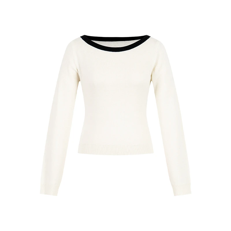 LUHE【裸感针织】高货一字领撞色百搭气质款针织衫LH024401