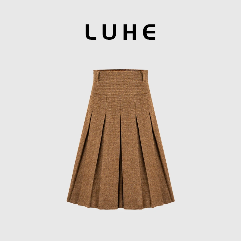 LUHE【冰萃美式】old money系列 学院知识分子风百褶中长羊毛半裙
