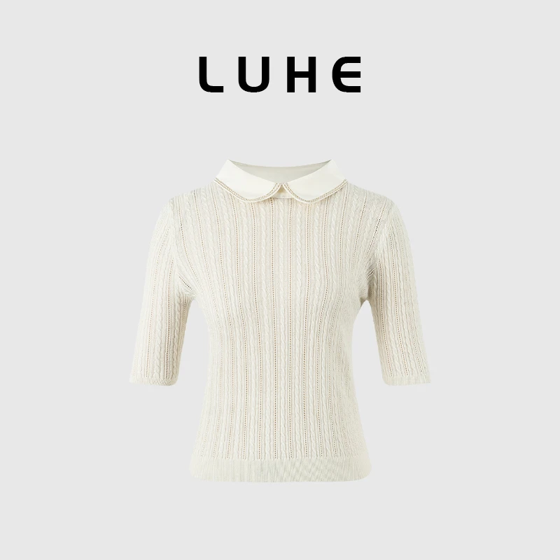 LUHE【奥法庄园】hehe私服-千金玛德琳针织绞花娃娃领短袖上衣