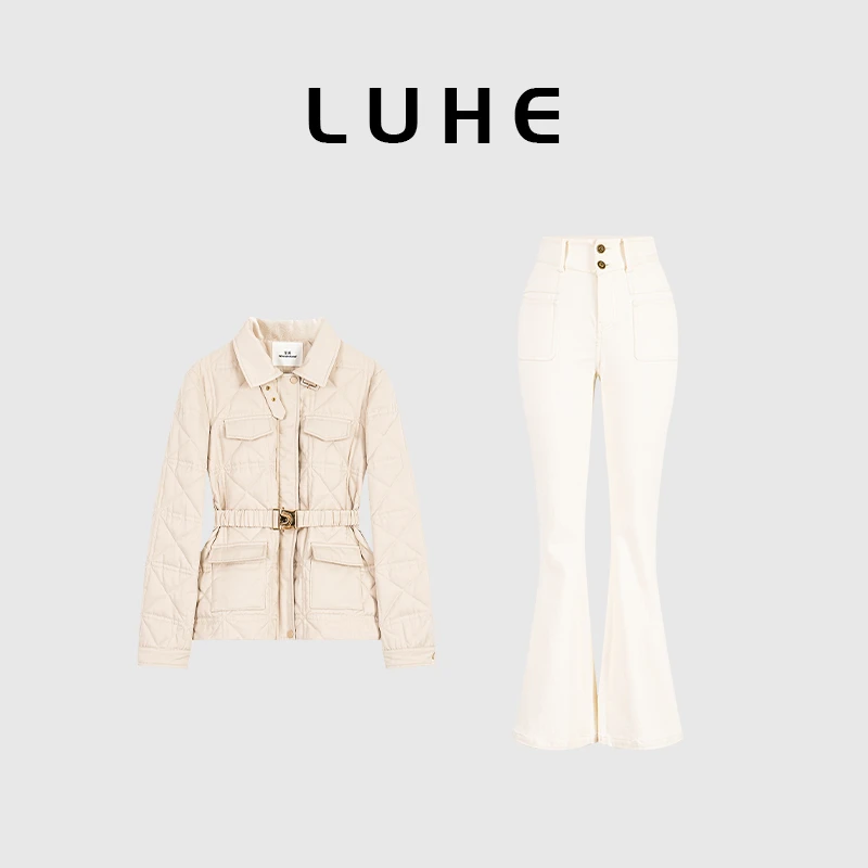 LUHE【北海道初恋】chao保暖毛领绗线羽绒服+显瘦牛仔裤