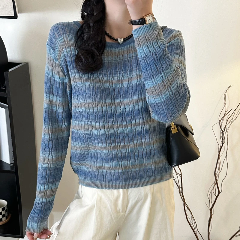 3563绵羊毛彩色条纹开衫多巴胺秋冬新款女毛衣内搭小众洋气针织衫