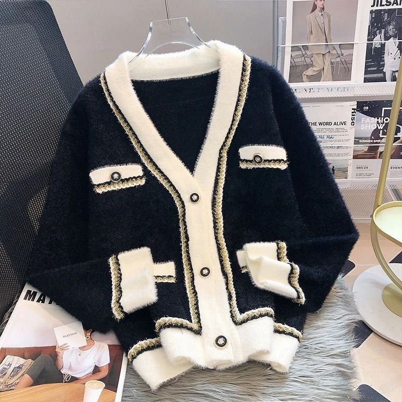 2066黑色小香风时尚百搭双面绒韩版外套开衫毛衣